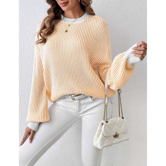 Women's Long Sleeve Ribbed Knit Pullover Khaki Casual Sweaters Blouse Top - Picture 2 of 5